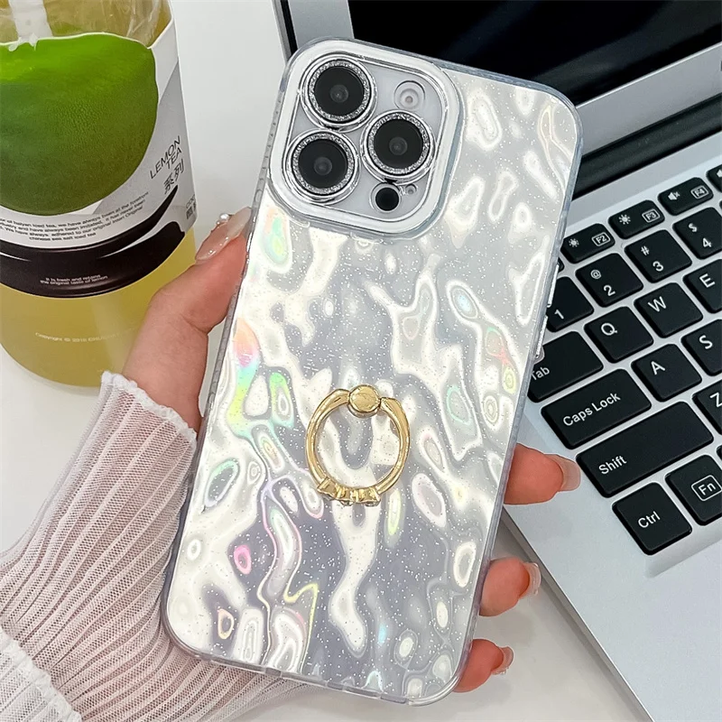 Étui de téléphone pliable avec anneau en aluminium pour iPhone 16 Plus 15 14 13 Pro Max, protection de caméra à paillettes, coque arrière rigide antichoc en PC_voghion.com