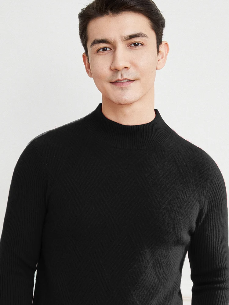 Aliselect New Men's 100% Pure Cashmere Sweater Fall/Winter Half-high Neck Jacquard Pullovers Youth Plus Size Knit Base Shirt