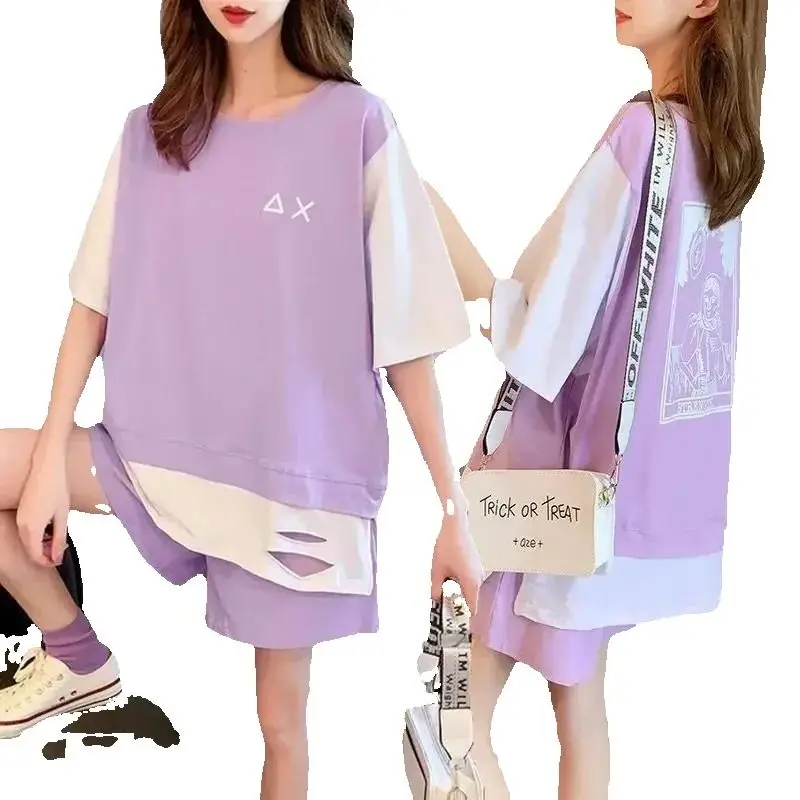 Women's Casual plus Size 2 Two-Piece Sports Suit Summer New T-Shirt Loose Crop Tops And Shorts Set Student Active Wear Clothing 3