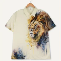 Fashionable Men's 3D Print Animal Lion Pattern Men's Short Sleeve Shirt Street Trend Wear Men's Shirt Oversized Top 2
