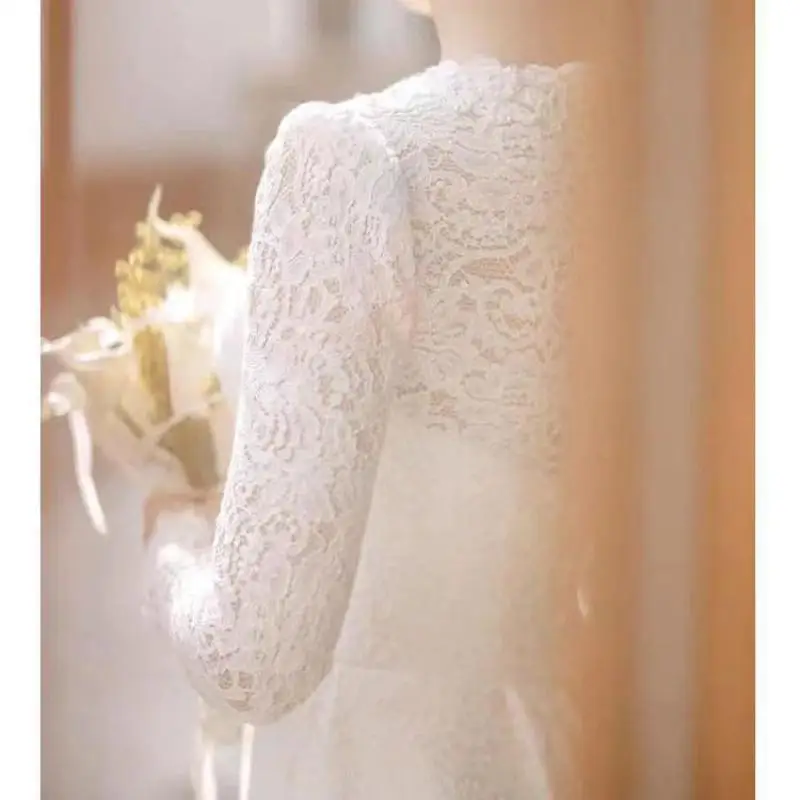 Soft Lace Wedding Dresses Classic O-neck Bridal Dress With Long Sleeve New Elegant A Line Simple Vestidos De Novia Customized 5