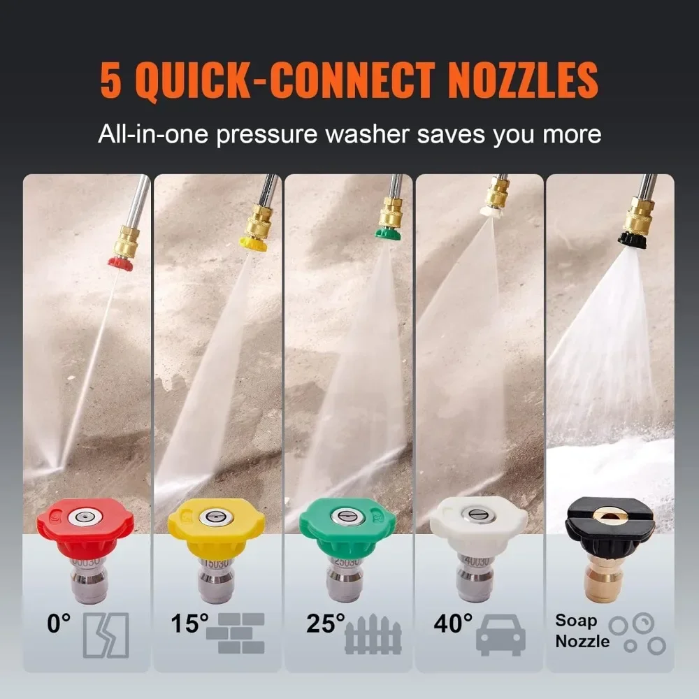 gas powered pressure washer 3400 psi 2.6 gpm, with spray gun and extension wand, 5 quick connect nozzles, copper pump