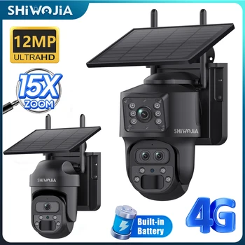 SHIWOJIA 15X ZOOM Solar Camera 4G 12MP Three Lens 360° View 5W Solar Panel Security Outdoor PTZ IP Camera 7800mAh Battery UBOX 1