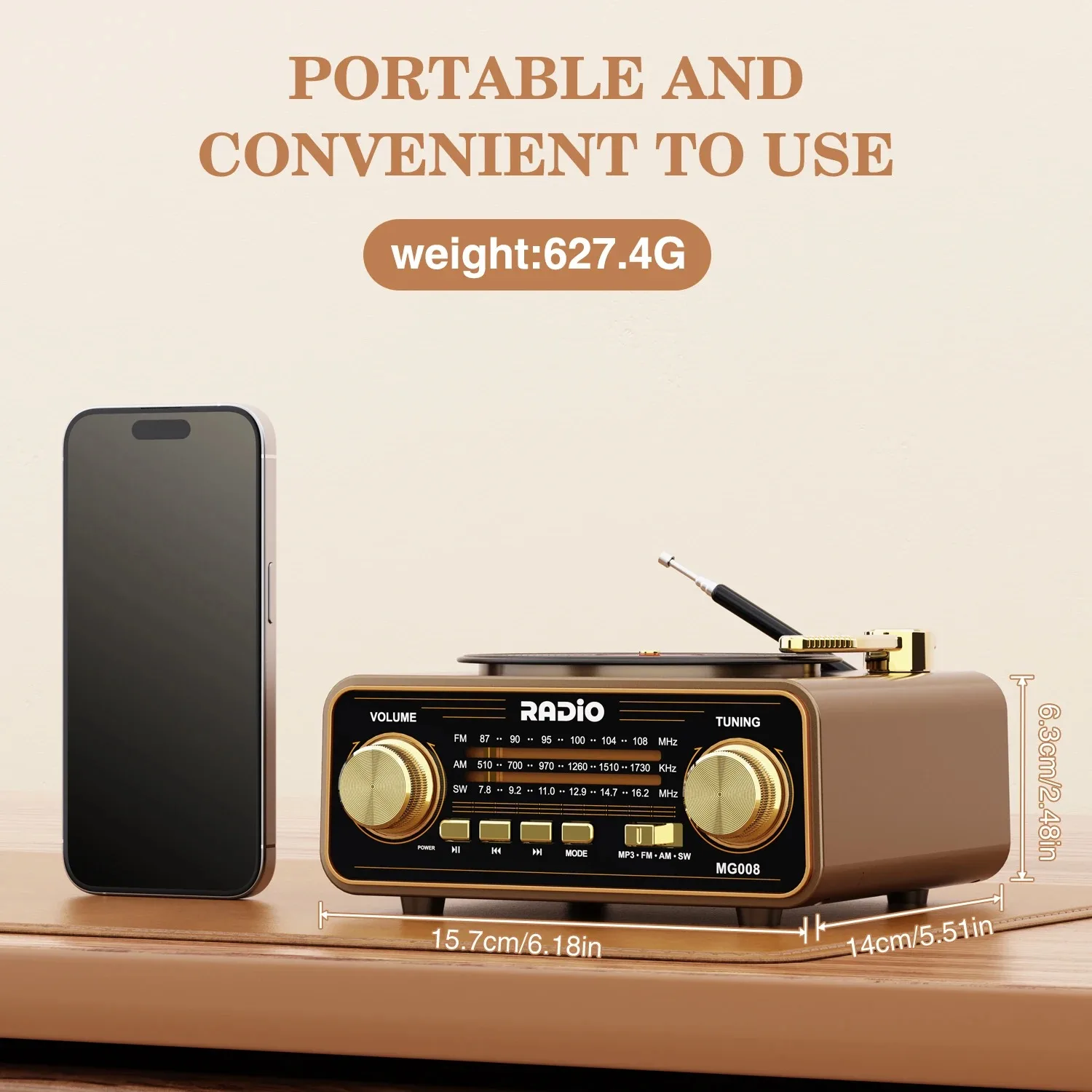 Portable FM/AM/SW Radio Retro Vinyl Player Style Wireless Bluetooth Speaker Streaming Unique Vintage Decor for Home Gift Idea