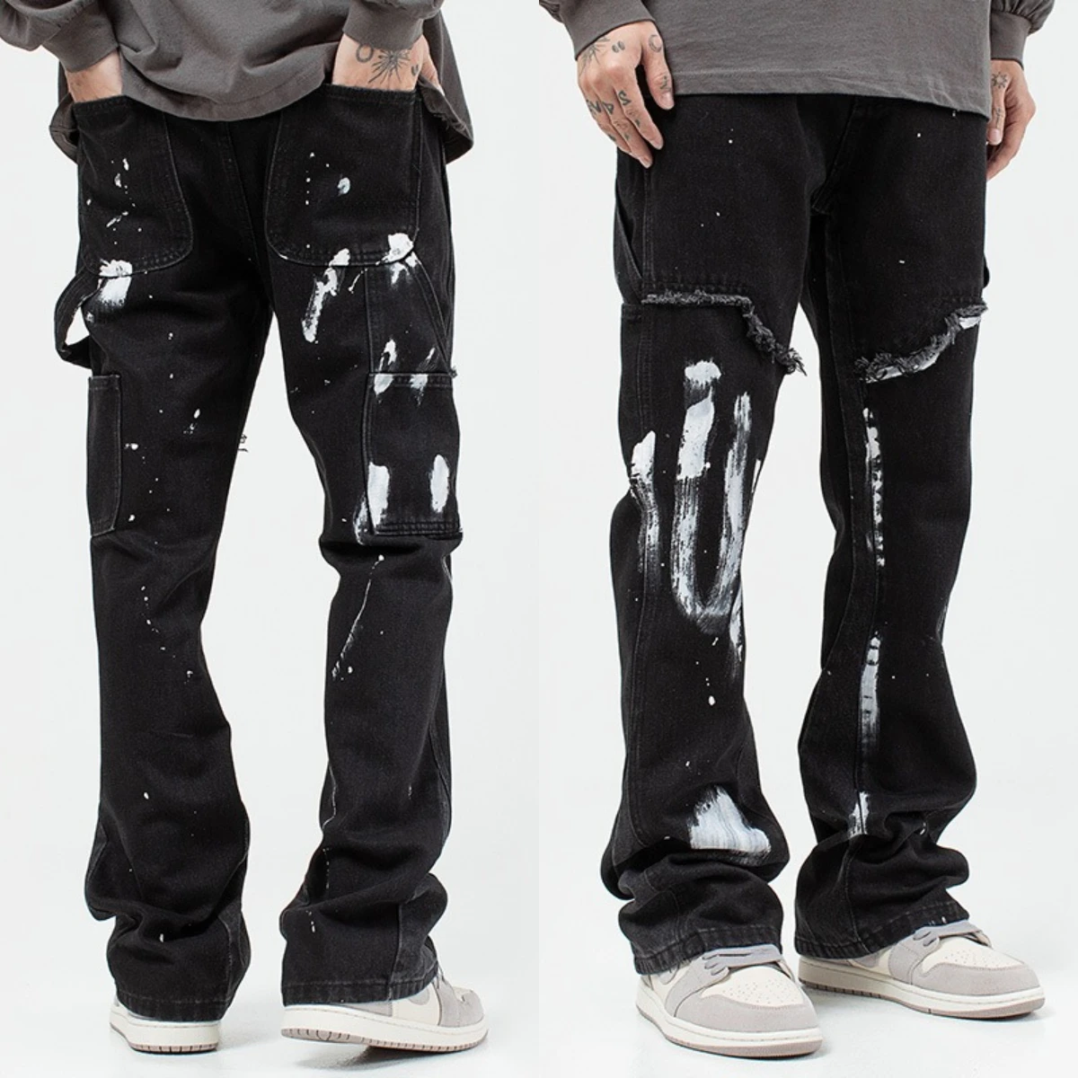 Summer Y2K Patchwork Washed Blue Baggy Flare Jeans Pants Men Clothing Straight Loose Vintage Old Denim Trousers Cotton EH·MD2024