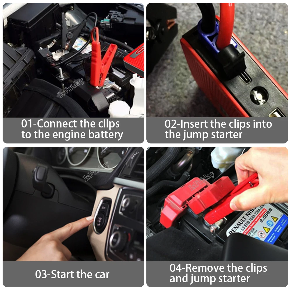 22000mAh Battery Car Jump Starter Portable Power Bank Multifunctional Emergency Lights LED Screen Display