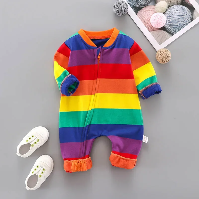 

Infant Romper Baby Spring Autumn Kids Boys Girls Rainbow Terry Cotton Zipper Jumpsuit Full Sleeves Clothes 6 12 16 18 M