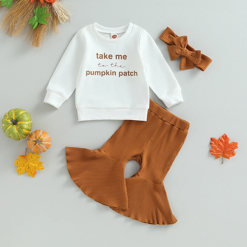 

2023-06-08 Lioraitiin 0-3Years Toddler Girls 3PCS Halloween Sets Long Sleeve Pumpkin Letter Print Tops Flared Pants Headband