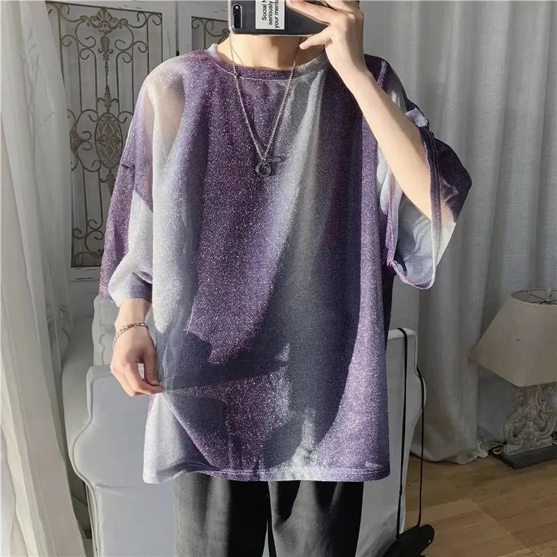 

Mesh T Shirt For Men Korean Fashion Loose O Neck Short-Sleeved Tops Ropa Hombre Summer Harajuku Casual Gradient Color Camisetas