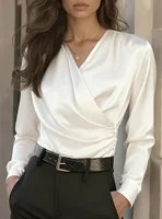 Women's Elegant Satin Wrap Blouse - Long Sleeve V-Neck Button Detail Top for Office & Casual Wear - Image 2