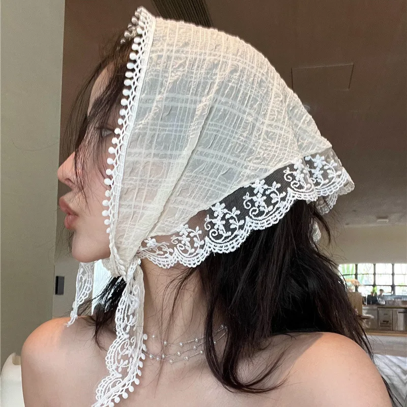 Triangle scarf for women in summer thin design with sun protection lace headscarf French thin design breathable versatile h printed scarf