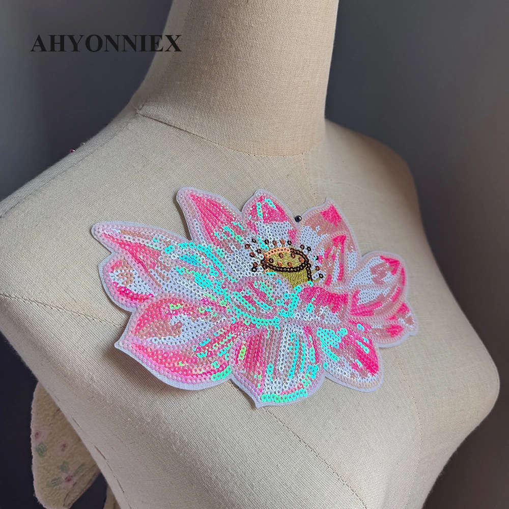 1 Stück 20 cm Lotusblüten-Patch, Stickerei, modische Kleidung, Applikation, DIY-Kleidung, Dekoration, zum Aufbügeln, Pailletten, Patches für Kleidung – Detail 8