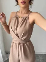 Women's Spring/Summer Casual Pleated Fabric Halterneck Beaded Waist Button and Tie Design Maxi Jumpsuit - Image 5