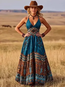 Bohemian Style Women's 2026 Summer New Casual Beach Vacation Long Skirt Fashion Print V-neck Slim Shoulder Strap A-line Dress 1