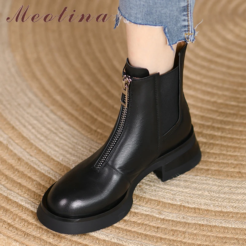 

Женские ботильоны челси на платформе Meotina, полусапожки из натуральной кожи на толстом среднем каблуке, на молнии, с круглым носком, Осень-зима