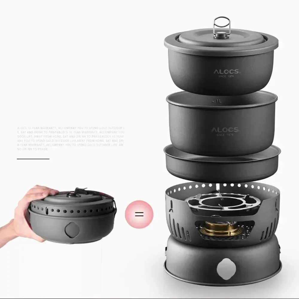 

ALOCS Outdoor Camping Portable Kitchenware Set Hiking Picnic Cooking Utensil Stove Pot Bowl Pan Alcohol Stove 10pcs Cookware Set