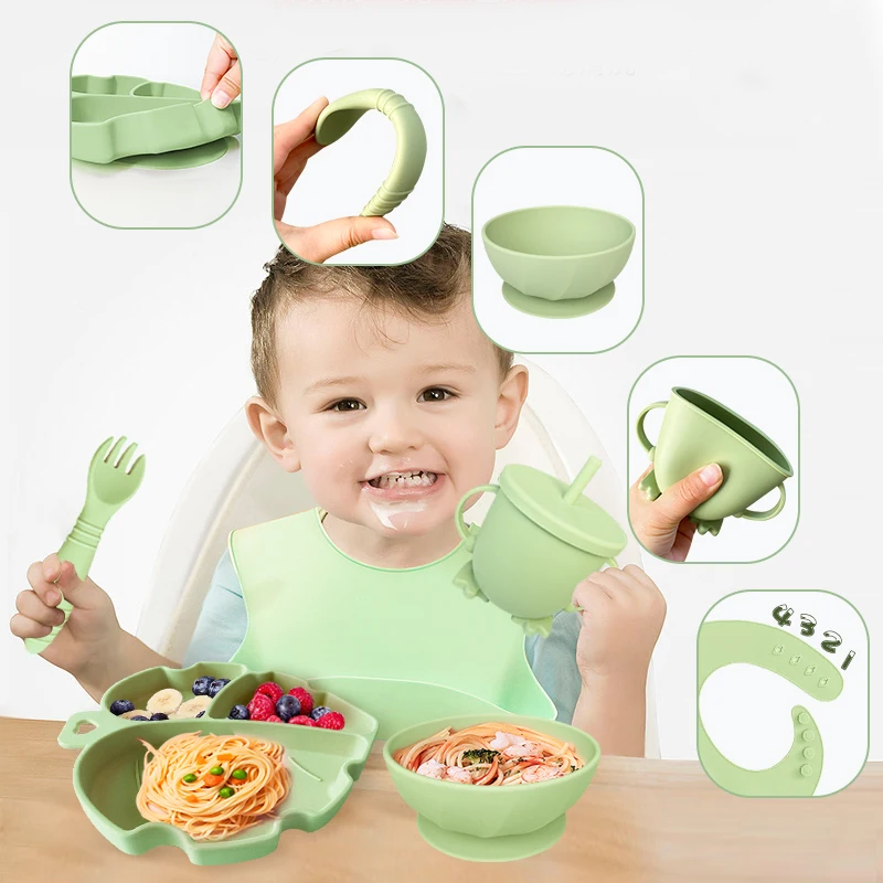 5 Pc/set Baby Feeding Set Food Grade Bamboo Bowl Plate Silicone