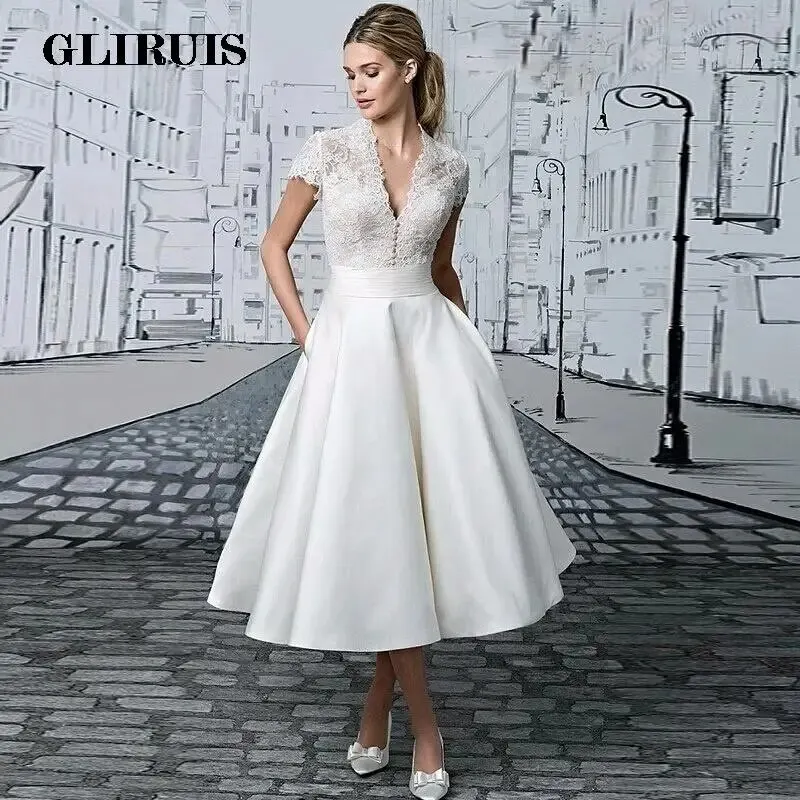 

2022 Vestido De Novia V-Neck Short Wedding Dress Mariage Cap Sleeve Tea-length Vintage Bridal Gown vestidos novia cortos