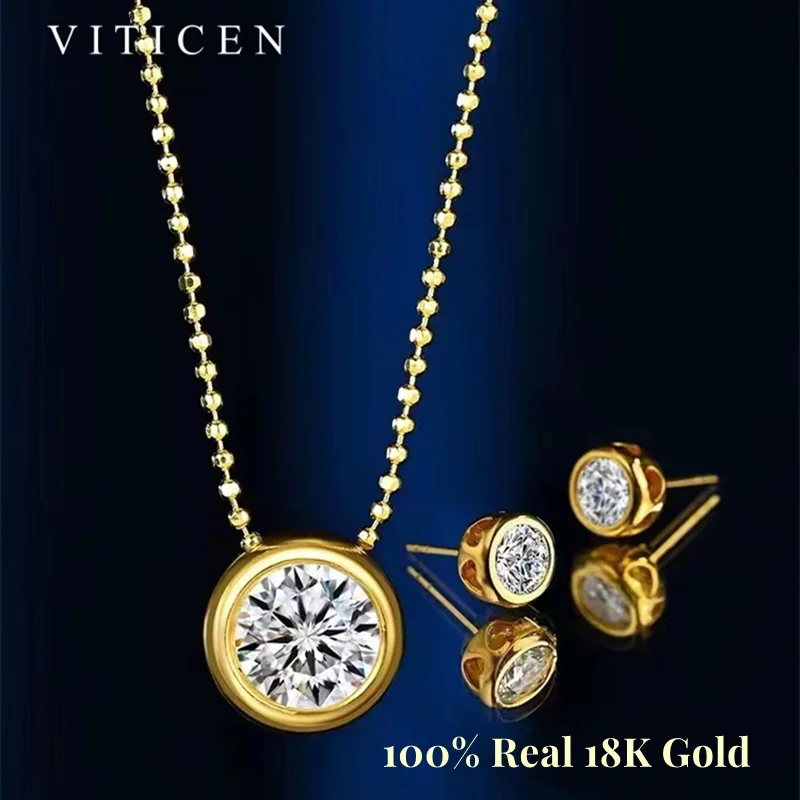 VITICEN 진짜 18K 골드 모이사나이트 다이아몬드 목걸이 스터드 귀걸이, 여성용 고급 주얼리, 결혼 프로포즈 선물, AU750 