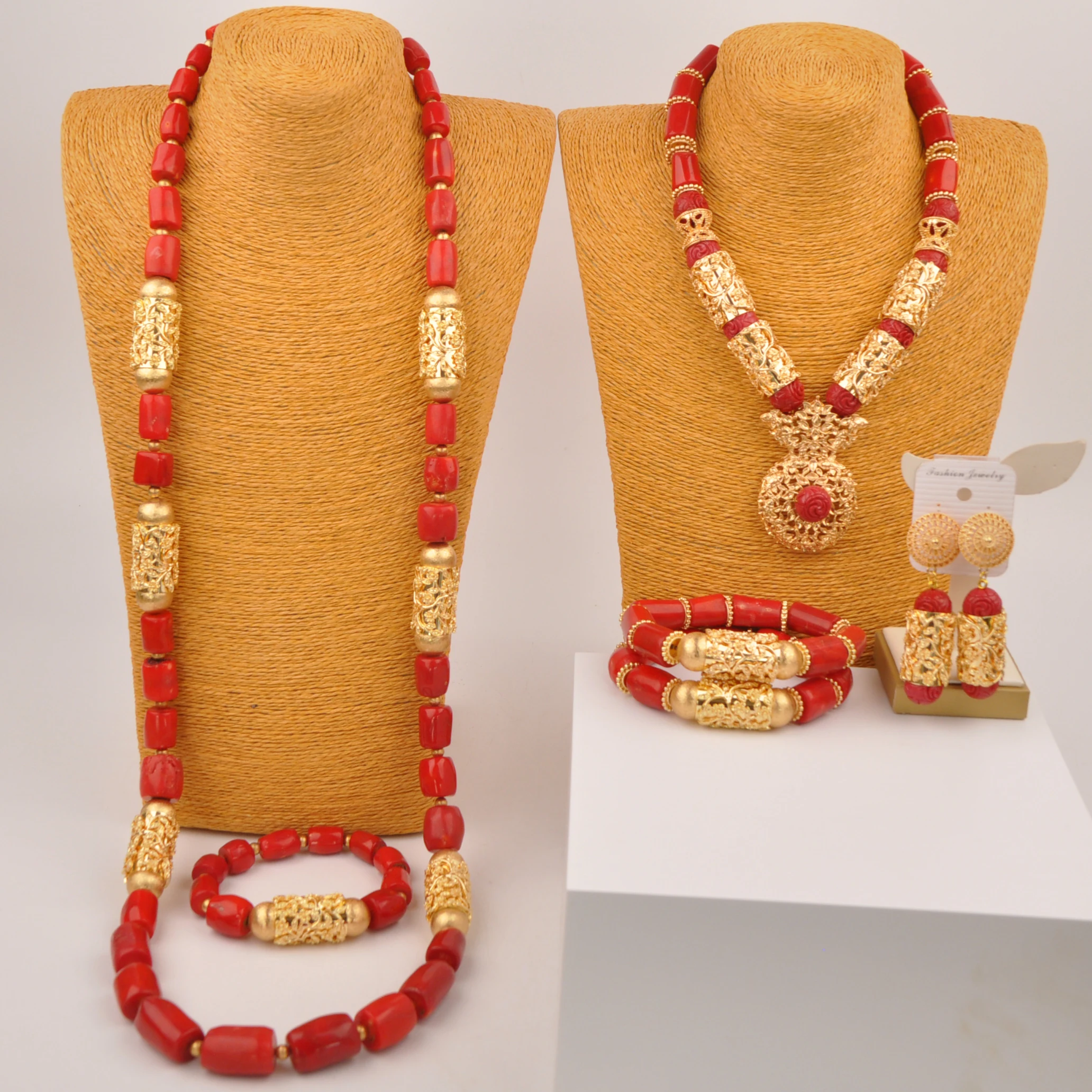 

Red Couple Jewelry Set Coral Bead 120cm Long Groom Necklace 18inches Bride Jewelry Set