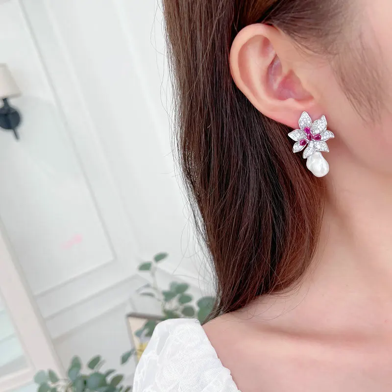 Shining Cubic Zirconia Flower Pearl  Water Drop Earrings for Girls Temperament Fashion Wedding Luxury Brand Jewelry