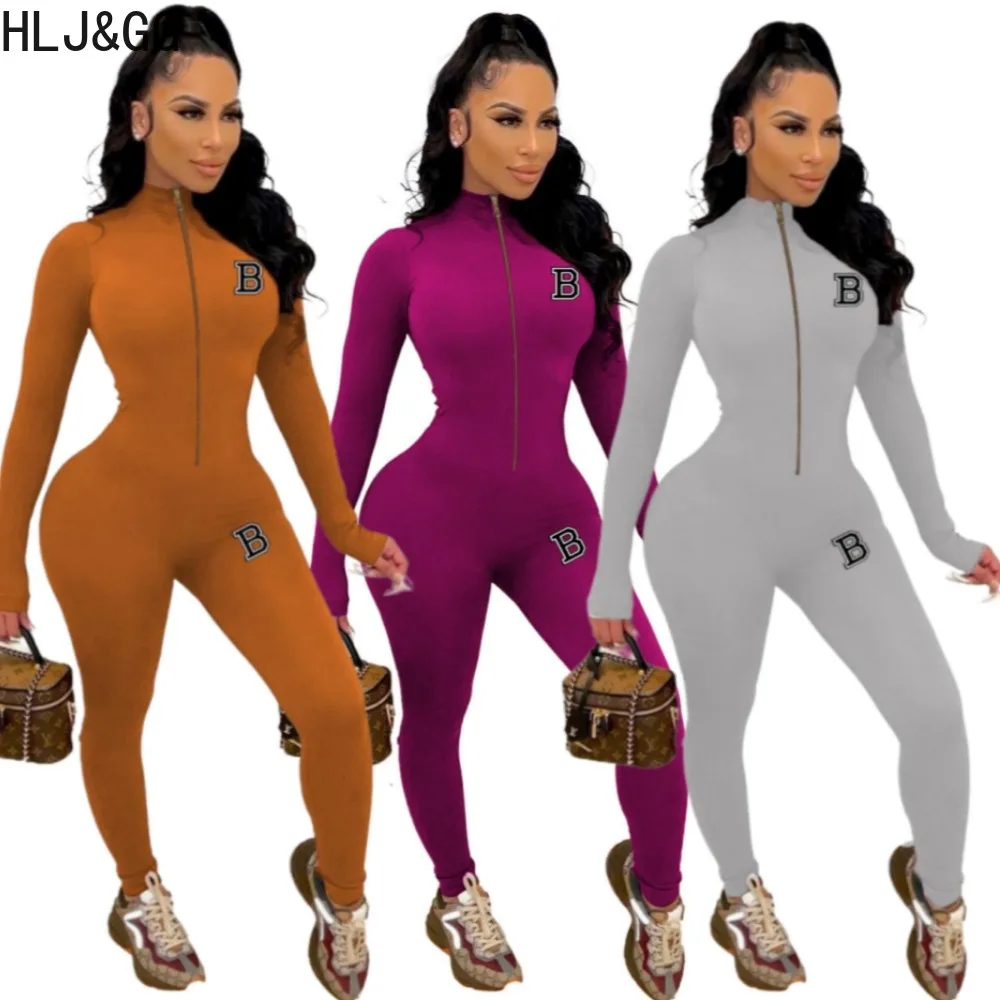 

HLJ&GG Casual Letter Printing Jogger Pants Jumpsuits Women Zipper Long Sleeve Slim Sporty Playsuits Female Skinny Pants Overalls