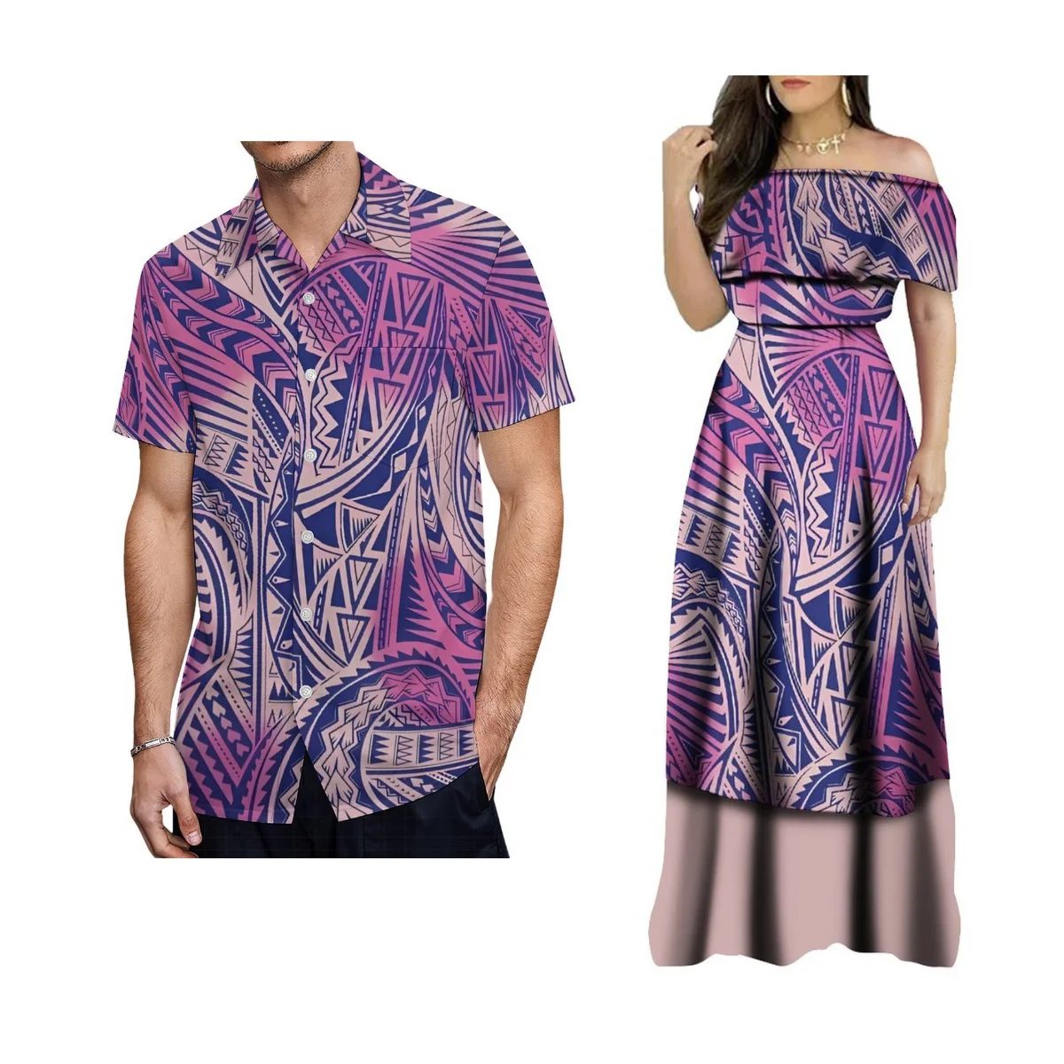 

Hawaii Women'S Elegant Party Dress Strapless Long Dress Polynesian Men'S Shirt Print Customized Samoa Fiji Couples Outfit Match