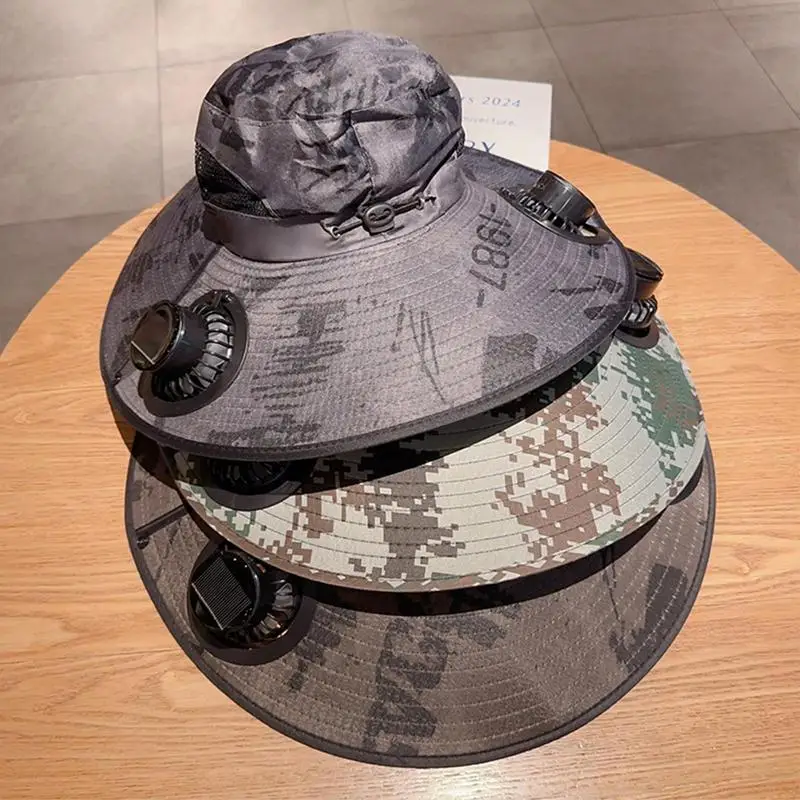 Mens Sun Hat with 2 Fan Summer Cooling Wide Brim Bucket Hat Beach Hat Garden Hat Solar And USB DualPower Supply