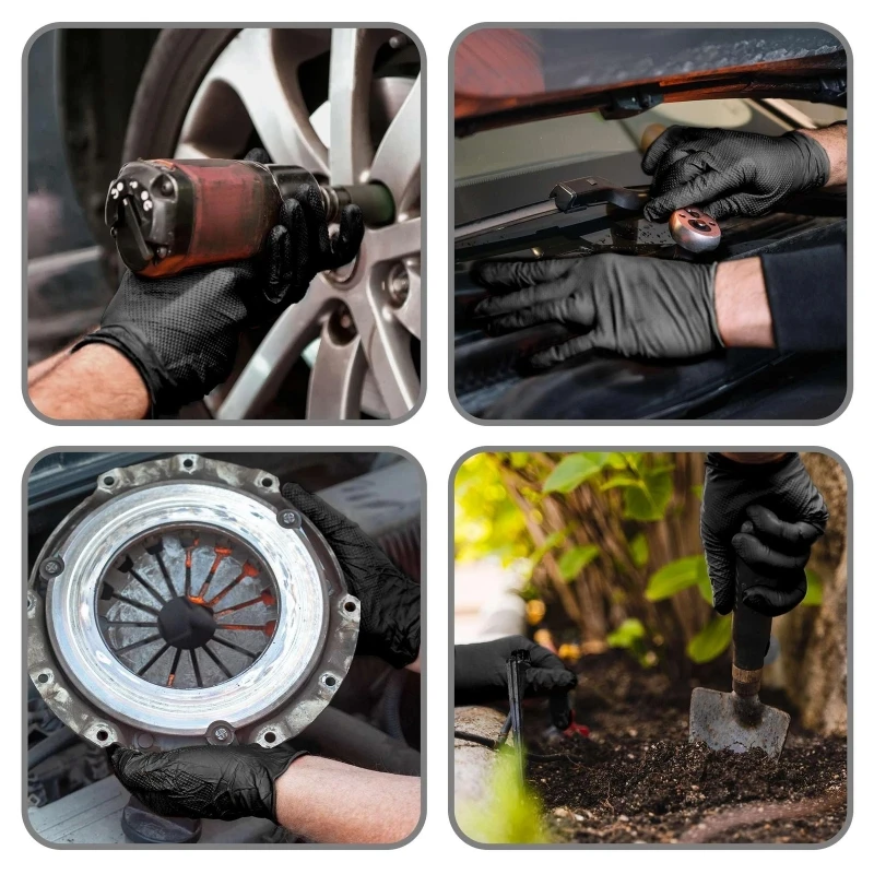 Gants jetables noirs enroulés, montrant leur texture fine et flexible.