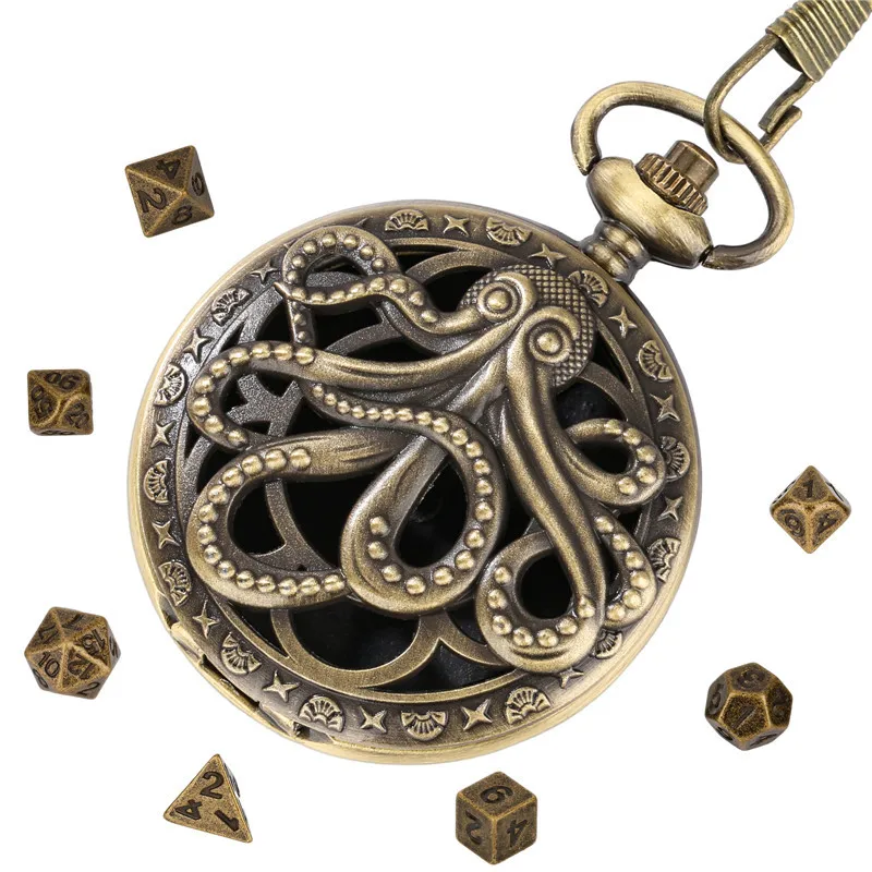 Retro Hohl Octopus Taschenuhr Gehäuse Anhänger Kette mit 7 Stück Metall Polyedrische Würfel Rollenspiel Brettspiele Zubehör – Detail 3