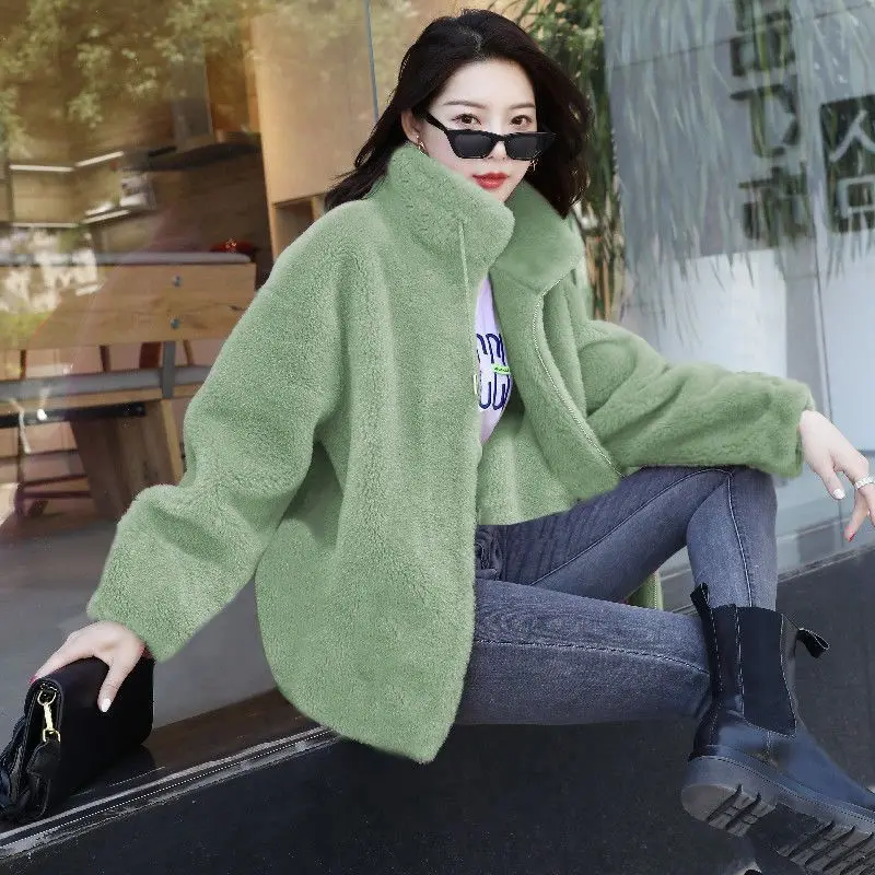 Women Winter Double Coral Fleece Warm Coat Stand Collar Plush Thick Overcoat Female Fashion Casual Long Sleeve Zipper Clothes 4