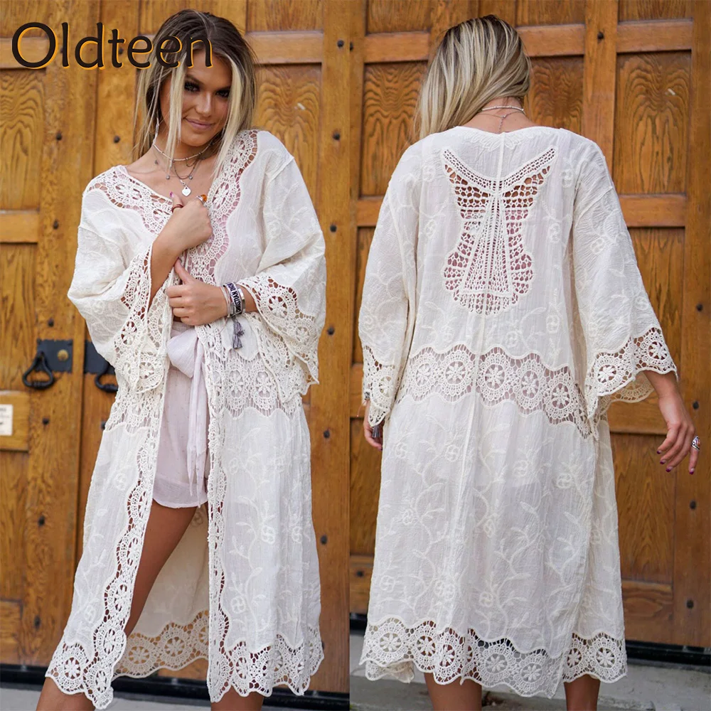 

2022 New Fashion White Bikini Cover-ups Sexy Belted Summer Dress White Lace Tunic Women Plus Size Beach Wear Swim Suit Cover Up