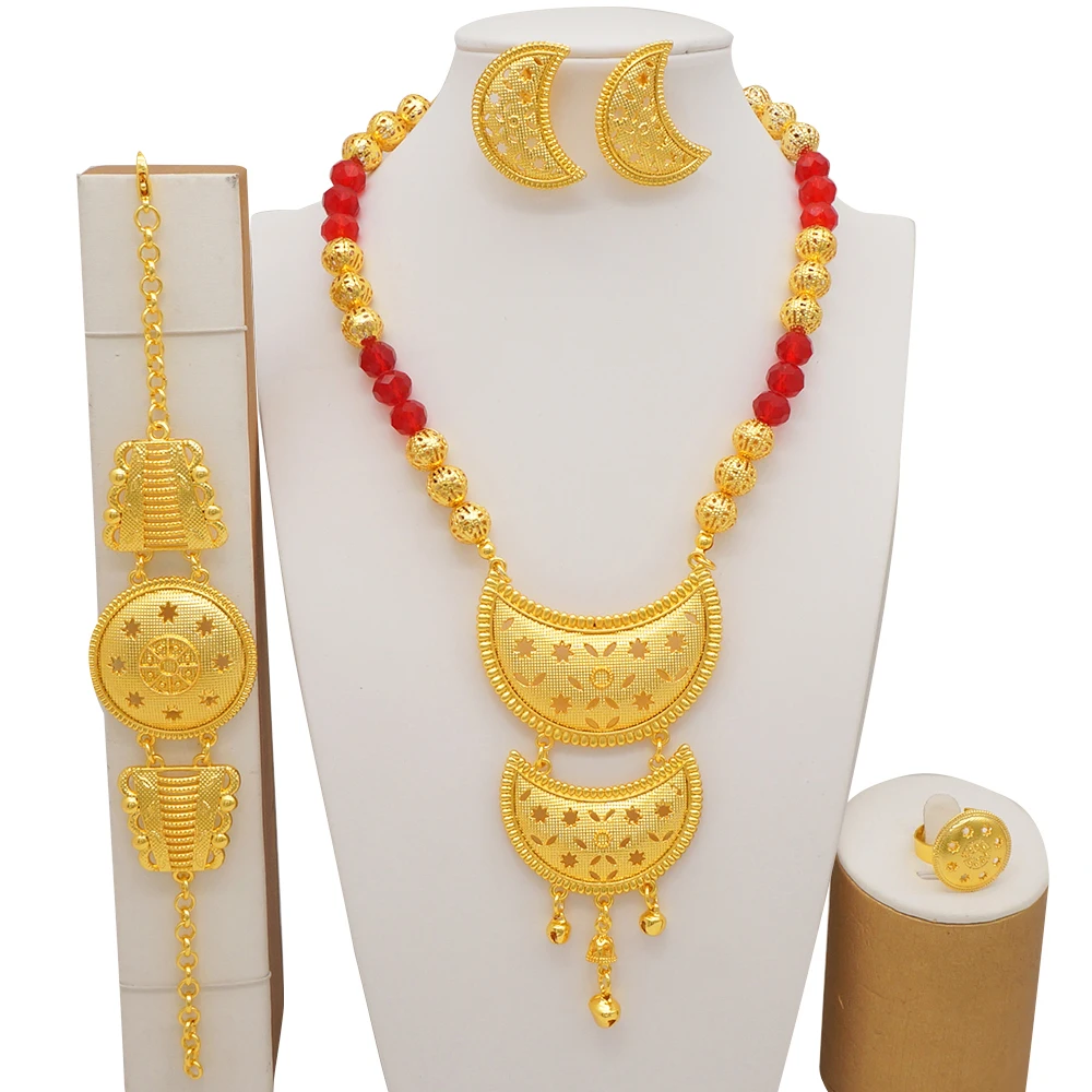 2022 Fine Jewelry Sets For Women Dubai Bridal Wedding Gifts Necklace Bracelet Earrings Ring Jewellery Set African Bead Jewelry