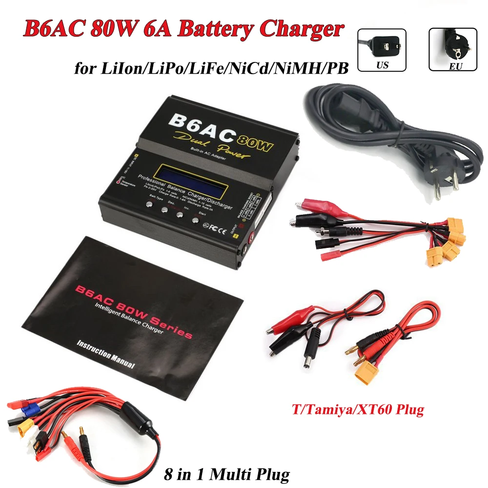

B6AC 80W Battery Discharger 6A Lipo NiMh Li-ion Ni-Cd AC/DC Balance Charger 8 in 1 T/Tamiya/XT60 Plug for RC Car Drone Airplane