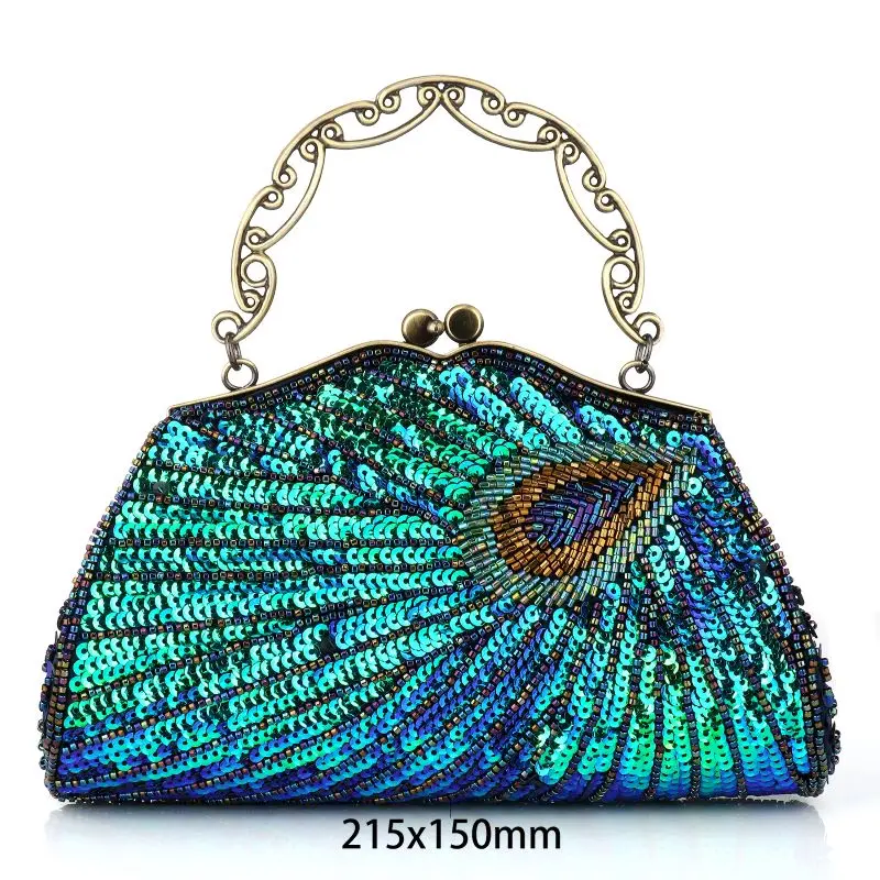 Lost in Vinatge Evening Bag with Sparkly Glitzy Turquoise Peacocks Beading  Clutch with Antique Gold Hardware and Black Silky Bag - AliExpress