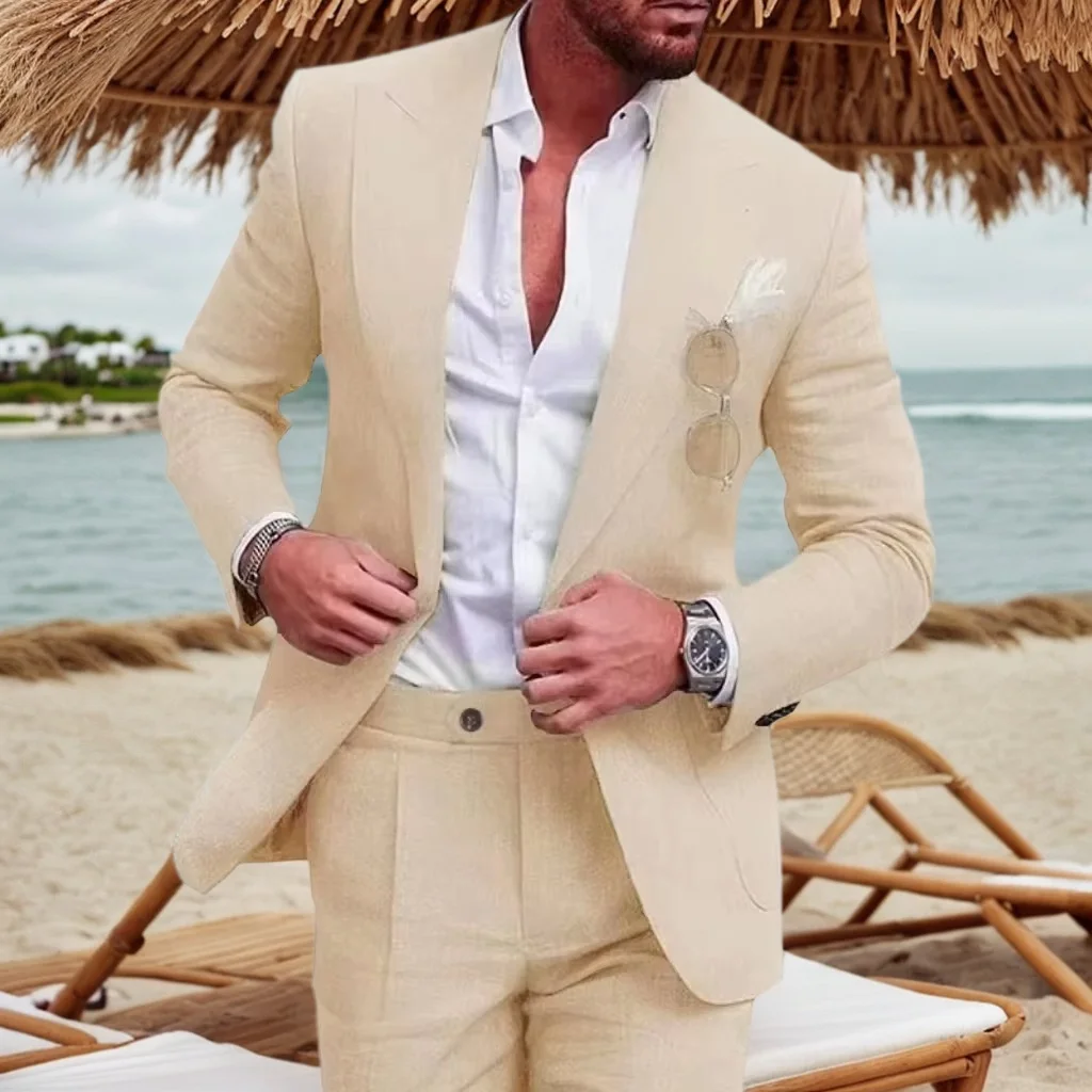 Classic Men's Linen Set 2-Piece  Jacket and Pants Slim Fit Suit Summer Beach Wedding One Button Tuxedo Linen Suit 3