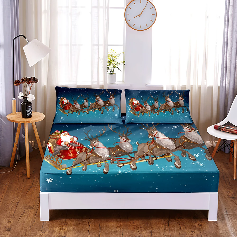 Christmas Sleigh 3pc Polyester Solid Fitted Sheet Mattress Cover Four