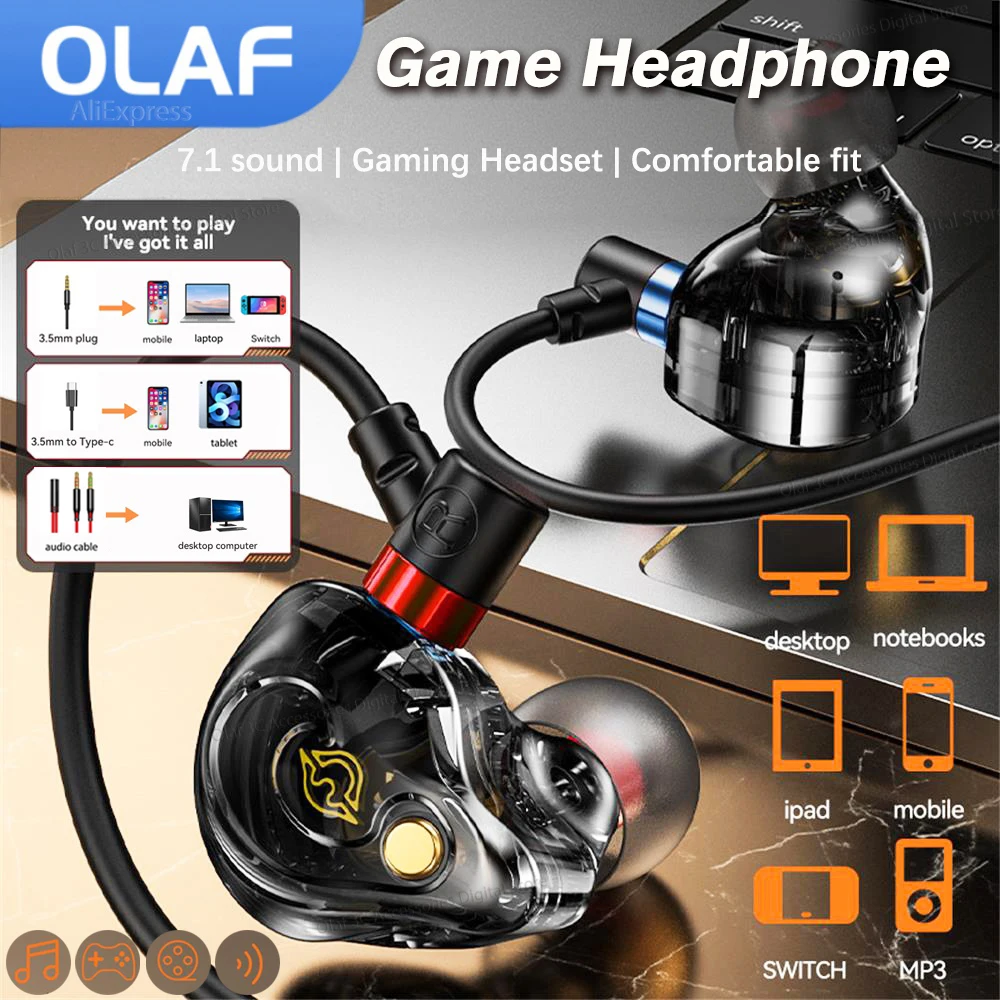 OLAF Type-C/3.5mm Wired Headphones Bass Stereo Gaming Headsets Gamer Handsfree Earphone Sports Earbuds For Phones Tablet Laptop