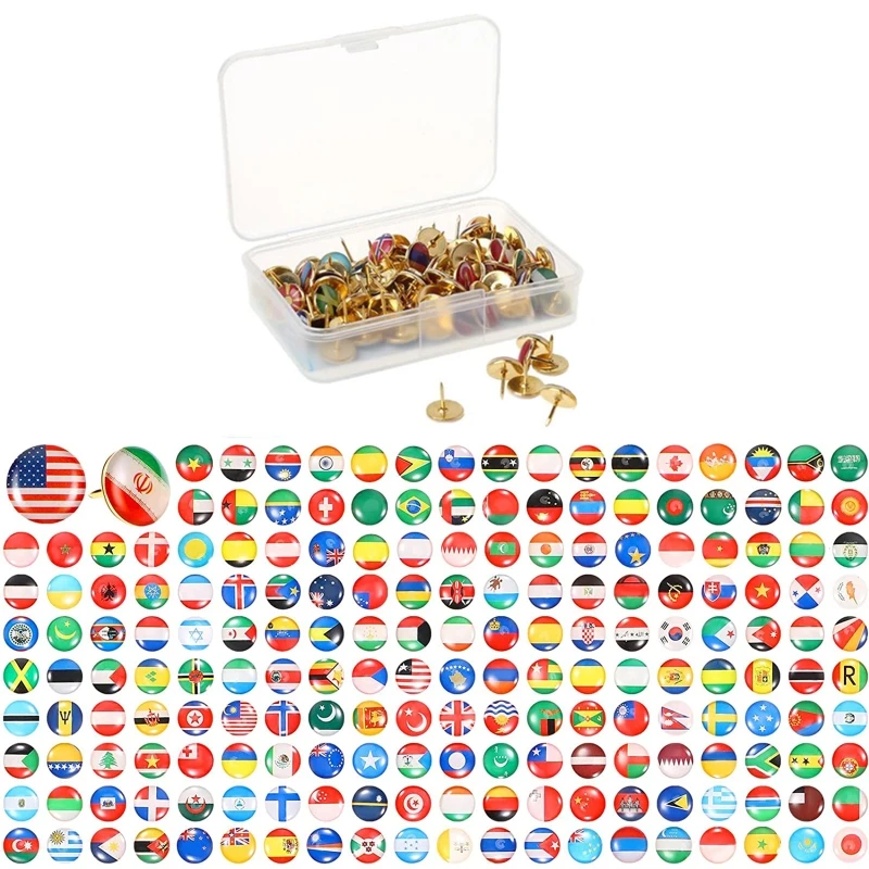 194 Pack Multifunctional National Flag Thumb Nails Push Pins for Photos Picture Wall Country Maps Bulletin Cork Board Y98A