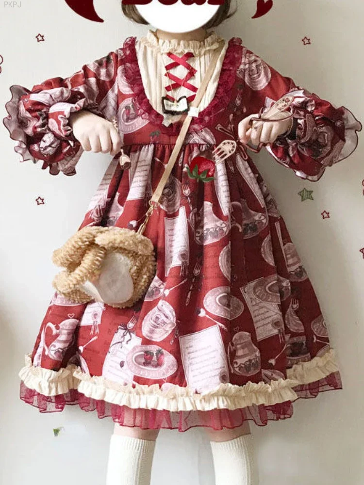 

Bubble Sleeve Kawaii Lolita Dress Women Floral Print Japanese Sweet Dress Female O-neck Lace Vintage Elegant Dress Winter 2024