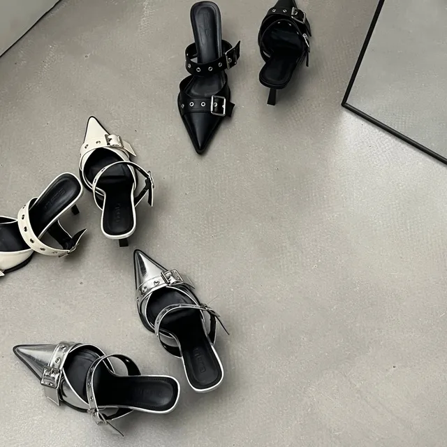 كعب رفيع مدبب مشبك حزام للنساء ، صندل بكعب عالي فارغ من الخلف ، باوتو فضي ، حذاء فردي ، صيفي ، جديد 3
