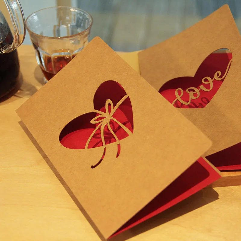 Retro Kraft Paper Cards with envelope Hollowed Love Greeting Thank You Card 1Pc Wedding Birthday Party Supplies Decor Invitation