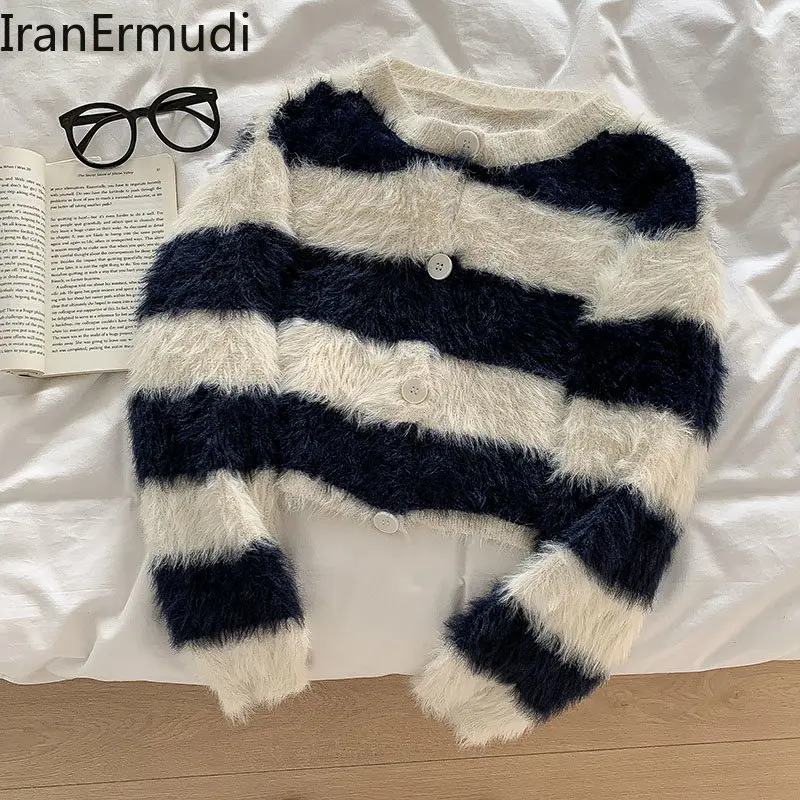 

IranErmudi Women Fleece Striped Cardigan Autumn Winter Vintage Kardigan Single Breasted O Neck Loose Cardigans 2022 Outwear Tops