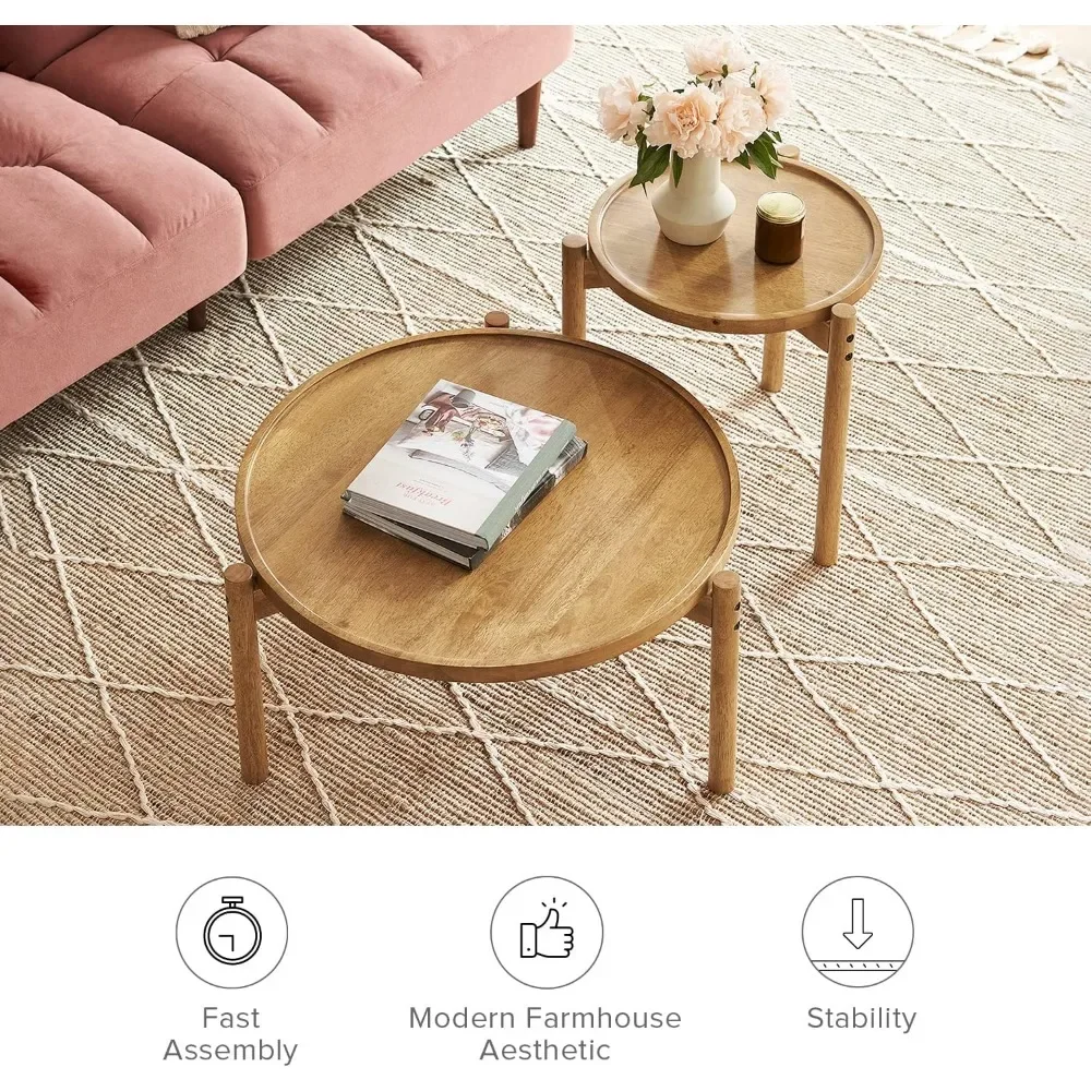 Small Round Coffee Table Set, Dylan Coffee Table, 2 Piece Solid ,  Rustic, Circle, Table, Nesting Tables, Sturdy Durable 3-Leg 4