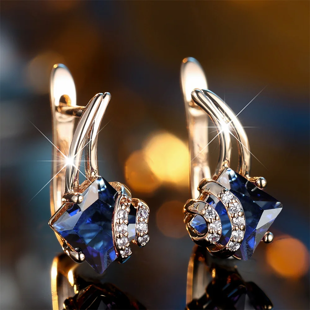 Square Stone Charm Blue Crystal Geometric Hoop Earrings For Women Vintage Gold Color Ear Buckle Wedding Jewelry Engagement Gifts