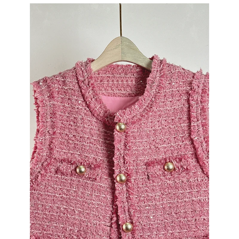 High-quality Tweed Pink Vest Jacket Women's O Neck Tassel Vintage