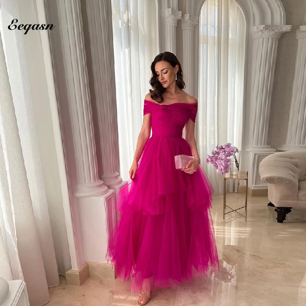 A-line Asymmetrical Tulle Evening Dresses Off-the-Shoulder Tea Length Fuchsia Party Pageant Gown Women Prom Event Long Dress