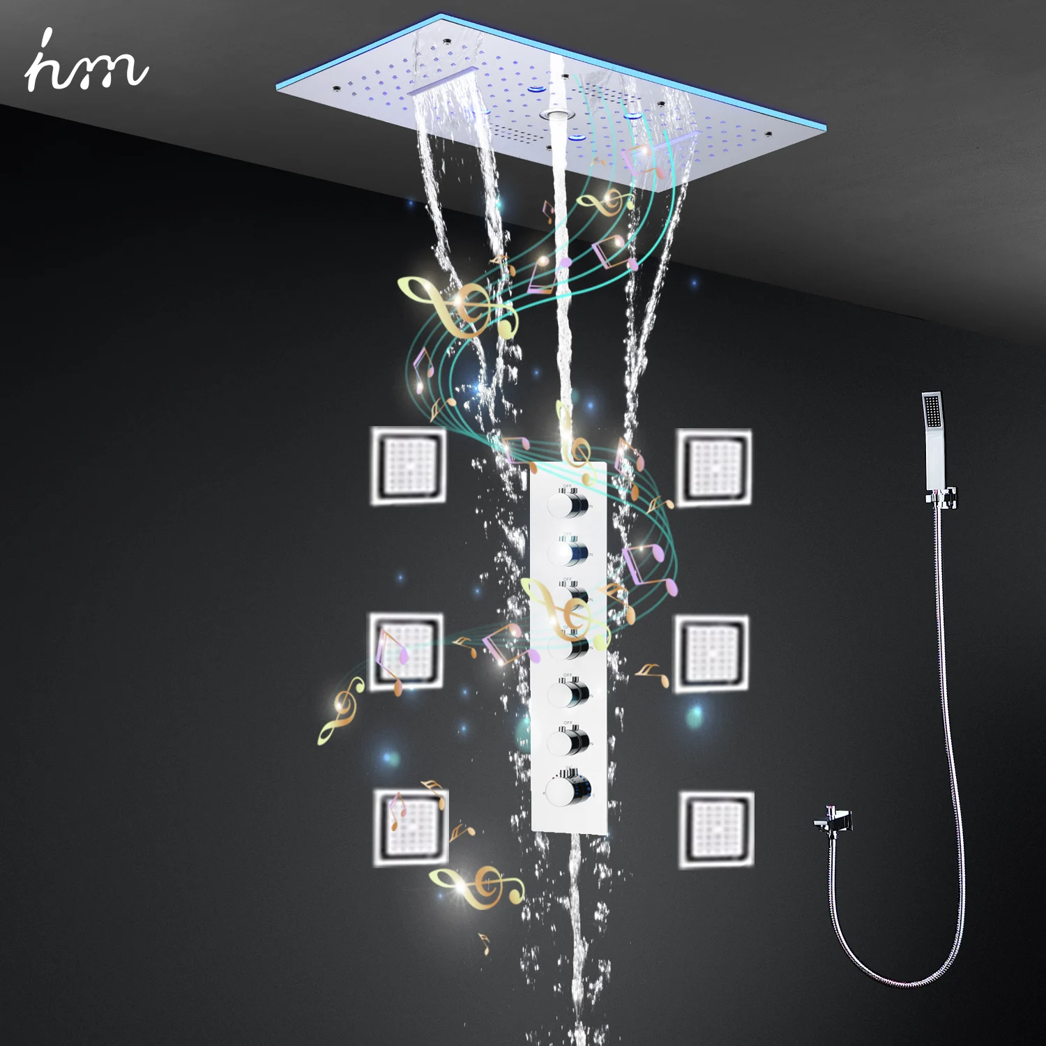 hm Europe Style Rainfall Waterfall Shower Head Large Ceiling Music LED Shower System Set Thermostatic Mixer Valve Lateral Jets