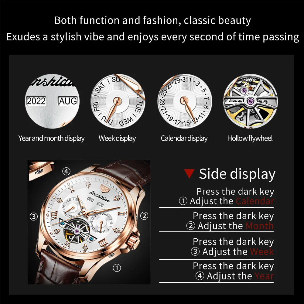 JSDUN 8926 Automatic Mechanical Watch for Men Leather Strap Rose Gold Watch Skeleton Design Fashion Waterproof Man Wristwatches