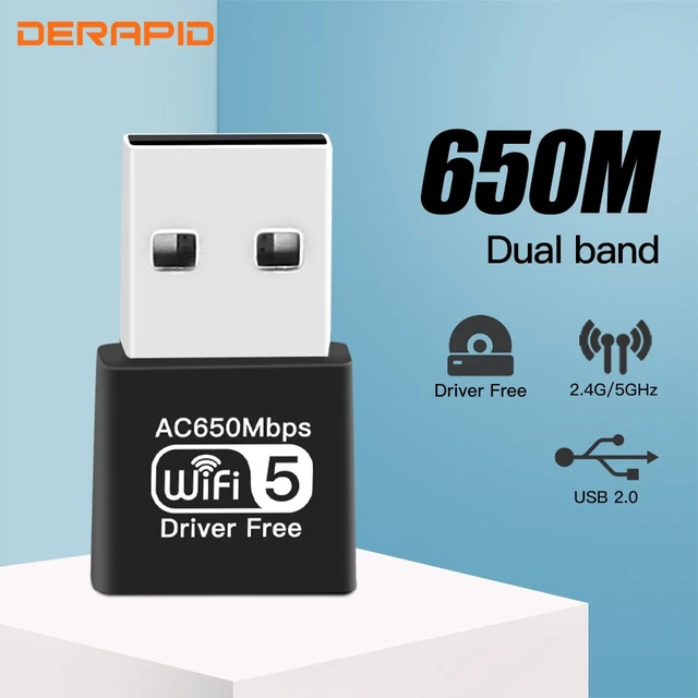 DERAPID-Adaptador USB WiFi Sem Fio, AC650, USB 2.0, Banda Dupla.